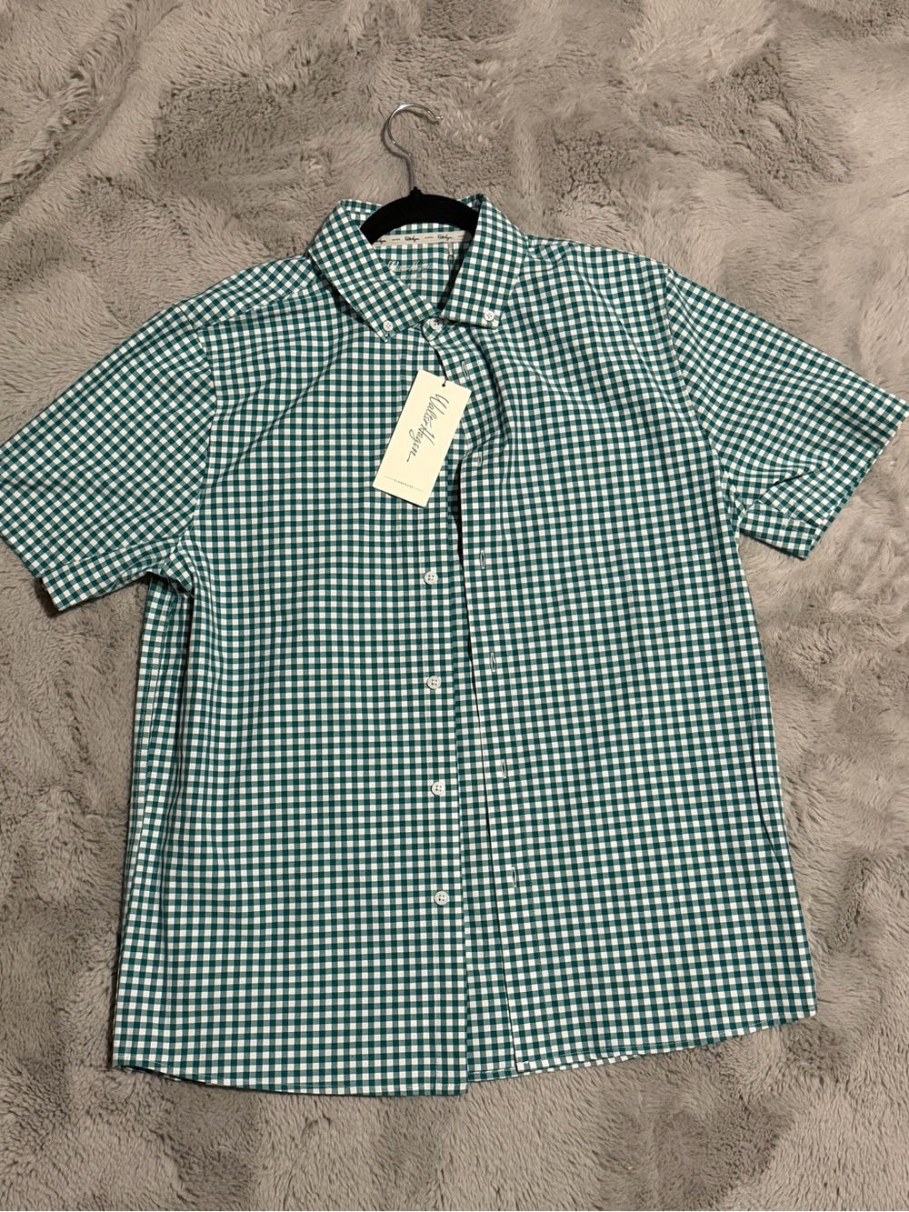 Short-Sleeve Green Gingham Button-Down Shirt - Unbranded